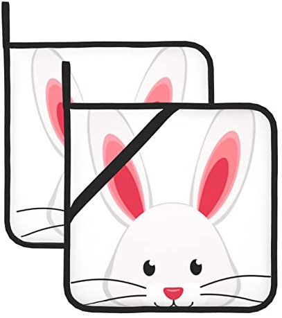Niedliche Hasen-Topflappen-Set, quadratisch, 20,5 cm x 20,5 cm, mit Tasche für Küche, hitzebeständig, Topflappen-Set, für Küche, Kochen, Backen, Grillen.