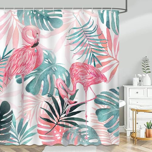 Avezano Rideau de douche imperméable avec 12 crochets Motif flamant rose et feuilles de palmier vert 183 x 183 cm