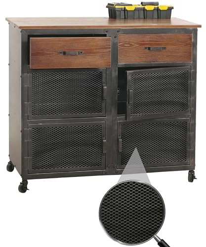 Mendler Werkstattwagen HWC-N28 90x100x40cm Metall - schwarz, braun | Rollwagen, Rollen, 2 Schubladen, 3D-Struktur, Holz