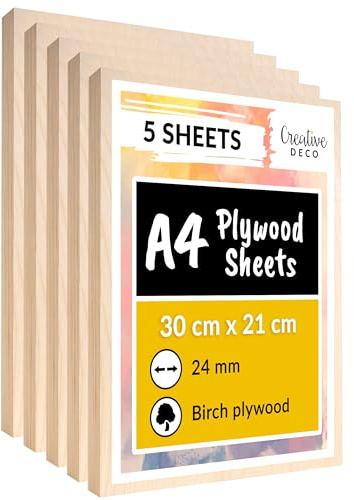 Creative Deco 5 x A4 Sperrholzplatte 24mm | 300 x 210 (+/- 2) mm | Birkensperrholz Dünne Holz-Zuschnitte | Perfektes Blatt für Laubsäge, Brandmalerei, Laserschnitt, CNC Router