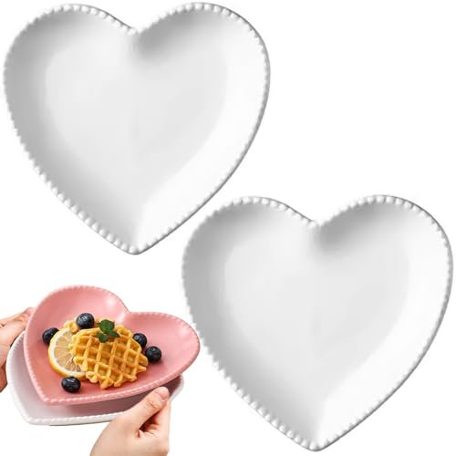 MLKLDOU Heart Shaped Dinner Plates 2Pcs,Ceramic Dessert Plate Salad Plates 6.5 Inche Appetizer Plates Set for Home Kitchen Wedding Birthday Party Decor Dinner Charger Plates (White)