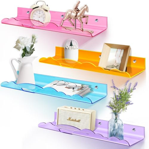 wooshwa Wandregal Regal Wand Schweberegal Wandregale Badezimmer Schwebendes Bad Regal Regalbrett Wall Shelf Wandboard Ohne Bohren für Wohnzimmer Küche Schlafzimmer Wände - 4 Stück, Gemischte Farben
