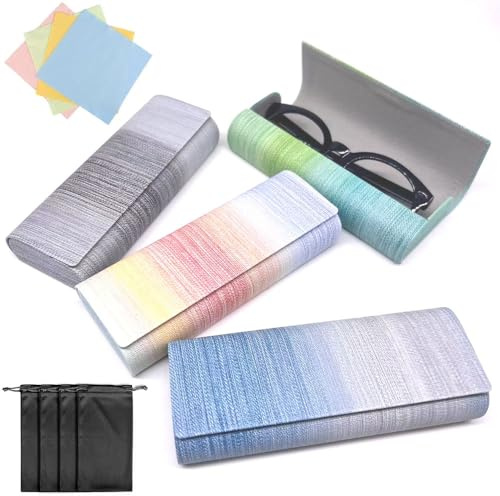 LoNinLoAn 4 Stück Brillenetui Hardcase, Brillenbox Bunt, Brillenhülle, Brillentasche, Sonnenbrillen Etui mit Brillenputztuch und Doppeltem Kordelzug Aufbewahrungstasche(Farbverlauf)