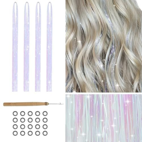 800 Glitzer Haarsträhnen Lametta für Haare 120 cm Tinsel Hair Extensions Glitter Glitzersträhnen Haarverlängerung Fairy Haarlametta Haarextension Kit (Silberweiß)