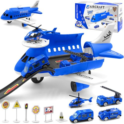 PQETBV Ensemble de Jeu de Jouet de Voiture de Transport Avion, Avion Jouet avec 3 Voitures, 1 pièces Hélicoptère Jouet et 6 Panneaux Routiers et Autocollants Cadeau pour 3-12 Ans Garçons Filles