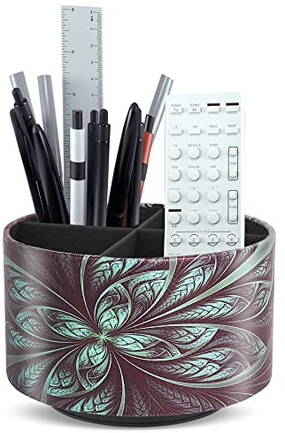 Mtzmy Rund Stiftehalter,Leder,360° drehbar,Fernbedienungshalter, drehbarer Nachttisch, TV-Fernbedienung, Schreibtisch-Organizer für Stifte, Bürobedarf, Aufbewahrungsbox(1-Grüne Blume)