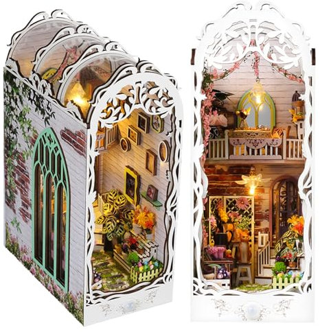 Générique Maison De Poupée Miniature en Bois DIY - Kit 3D avec Lumières LED, Décoration D'Étagère Et Serre-Livres Décoratifs pour Maison De Jardin Ou Puzzles Créatifs