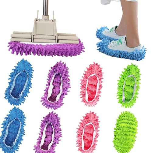 DomoJoy Mop Slippers, 4 Pair/8PCS Floor Cleaner Mop Shoes, Multifunctional Cleaning Socks, Clean Hair and Dirt Anytime and Anywhere, No Need to Wash the Floor Extra