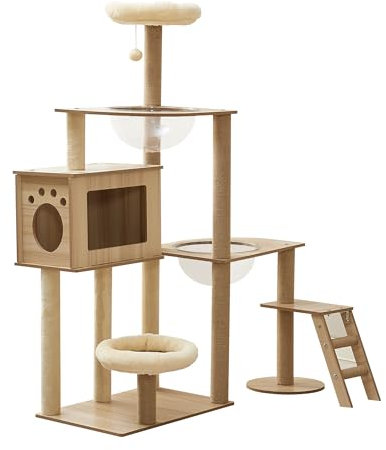 Arbre à chat en bois de 135 cm - Grand arbre à chat stable - Moderne - Avec copropriété, escalier pour chat, bol, grand arbre à chat