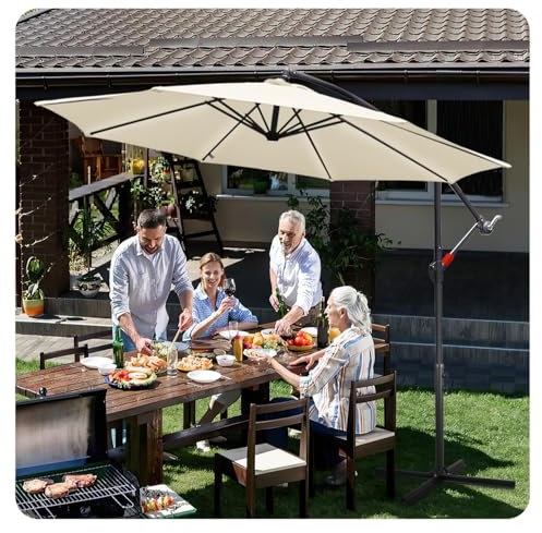 Jaxguom Sonnenschirm 350cm Ampelschirm mit Ständer Rund Kurbelschirm UV-Schutz Cantilever Schirm Wasserdicht Gartenschirm Marktschirm für Patio,Garten,Terrasse,Beige