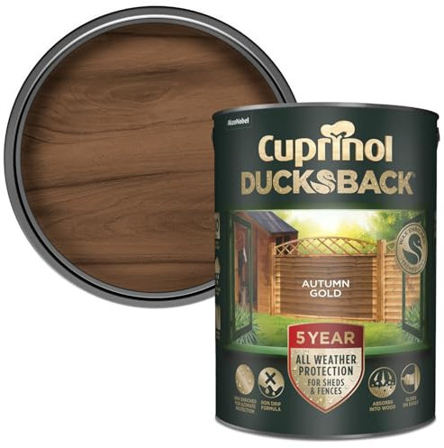 Cuprinol Ducksback Shed & Fence Paint Autumn Gold 5L – Cuprinol Fence Paint, 5-Year Weatherproof, Wax-Enriched Non-Drip Formula, Quick-Dry, Water-Repellent Exterior Wood Treatment