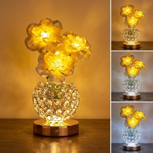 OOWDMPE Kabellose Akku Tischleuchte Vintage Blume LED Tischlampe Ohne Kabel Kristall Lampenschirm Gold Dimmbar Touch Nachttischlampe USB Aufladbar Batterie Nachtlampe für Schlafzimmer Restaurant Bar