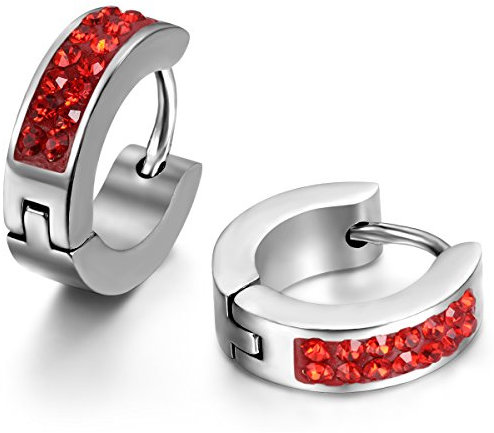 JewelryWe Klein Creolen Ohrringe für Damen: 4mm Breit Silber Edelstahl Poliert Creolen Huggie Ohrringe mit Rot Strass Hypoallergen Knorpel Piercings Schlafen Ohrringe Unisex
