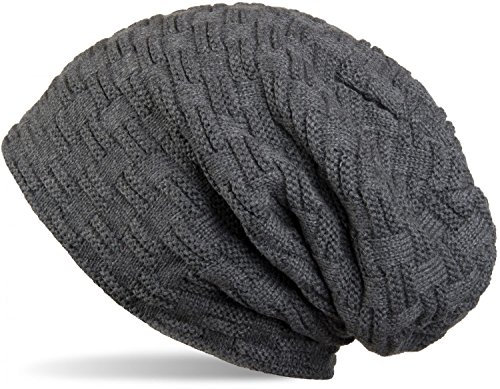styleBREAKER warme Feinstrick Beanie Mütze mit Flecht Muster und sehr weichem Fleece Innenfutter, Unisex 04024058, Farbe:Dunkelgrau