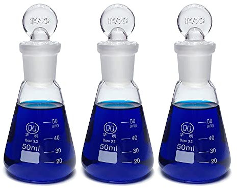 Huaou 50ml Scientific Erlenmeyer (Conical) Flask Set with Ground Glass Stopper, Graduated 3.3 Borosilicate Glass, Pack of 3