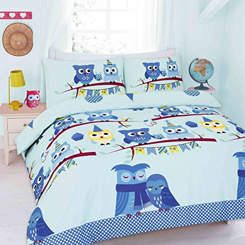 Goldstar® Owl Duvet Cover Animal Printed Bed Linen Quilt Cover Bedding Set with Pillow Case (Double, Cute Owl Blue)