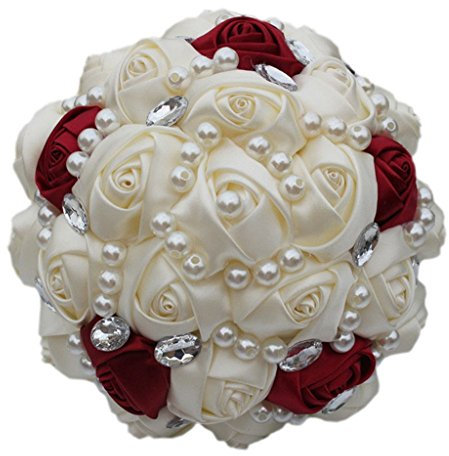 Fouriding Bouquet de Mariage Mariée Ruban Fait à la Main Satin Rose Perles Crystals Décoration pour Maison Mariage(21 CM)