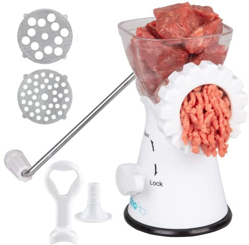Tritacarne manuale con 2 piatti in acciaio inox, attacco per salsicce, pressa, base a ventosa resistente e design lavabile in lavastoviglie, per preparare salsicce fatte in casa, hamburger di manzo