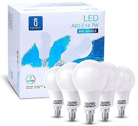 Aigostar - Bombilla LED A60, Casquillo E14, 7W, Luz Fría 6400K, Ángulo 280°, 595 lúmenes - Caja de 5 unidades