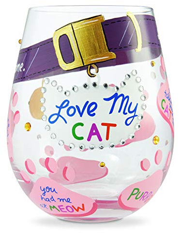Enesco Designs by Lolita Love My Cat Hand-Painted Artisan Stemless Wine Glass, 20 Ounce