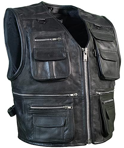 PAULGOS Lederweste Weste Kutte Leder Biker Rocker Motorrad Clubweste Bikerweste Motorradweste Schwarz BW11 (Schwarz, XXL)
