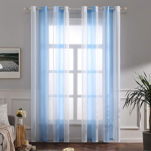 MIULEE Voile Gardinen Hellblau-Weiß Kurz mit Ösen 2er Set 140x160 cm | Halbtransparenter Voile mit Streifenmuster für Wohnzimmer, Schlafzimmer und kleine Fenster.