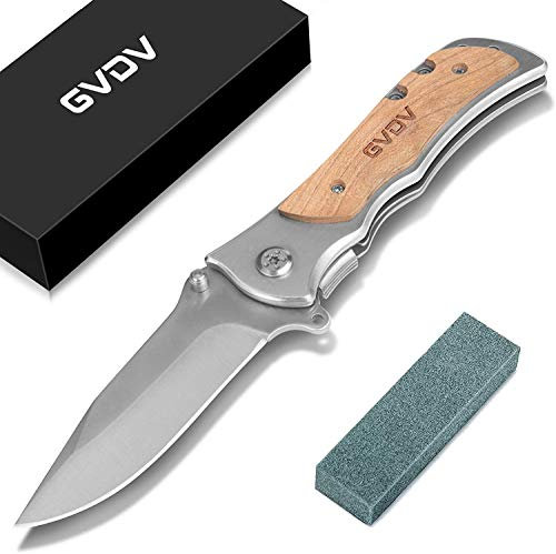 GVDV Couteau de Poche Pliant avec Pierre à Aiguiser - Couteau Pliable de Survie Chasse en Acier Inoxydable 7Cr17, Poignée en Bois d'olivier, Lame Revêtue de Titane, Blocage de Sécurité