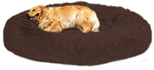 Loir Fluffy hundebett für große und extra große Hunde, 110 cm, Braun, Donut Weiches Plüsch Rundes hundekissen, Waschbar, Tiefschlaf