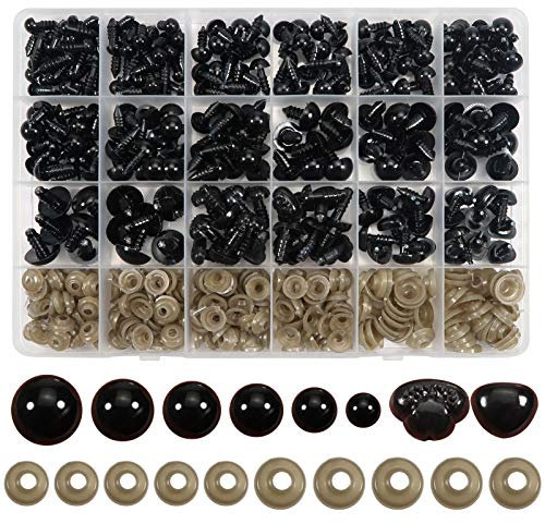 TOAOB 242 Stück Puppenaugen Sicherheitsaugen und Nasen Set 6mm bis 14mm Schwarz Kunststoff Augen mit Unterlegscheiben für Marionette
