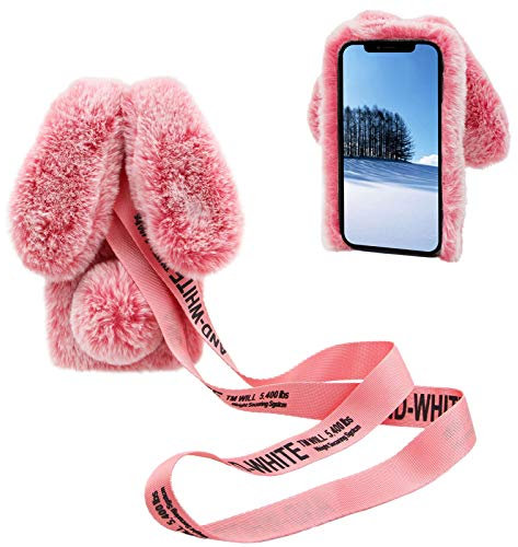 DasKAn 3D Oreilles de Lapin Fourrure Coque pour iPhone 5 / 5S / SE 2016 avec Bandoulière, Femmes Fait Main Bling Diamant Souple Chaud Peluche Housse de Protection Étui de Téléphone, Rose