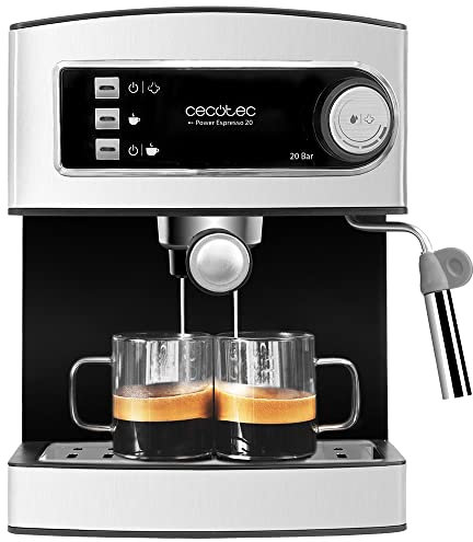 Cecotec Cafetera Express Manual Power Espresso 20. 850W, Presión 20 Bares, Depósito de 1,5L, Brazo Doble Salida, Vaporizador, Superficie Calientatazas, Acabados en Acero Inoxidable