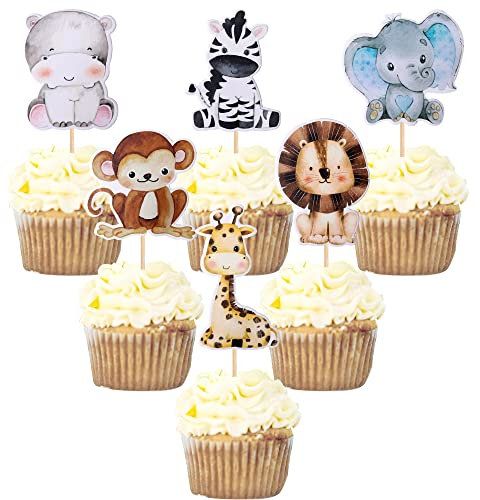 SYKYCTCY 36 Pack Baby Safari Jungle Animals Cupcake Toppers Zebra Hippo Giraffe Elephant Forest Theme Cupcake Picks for Forest Animals Theme Baby Shower Kids Birthday Party Cake Decorations Supplies