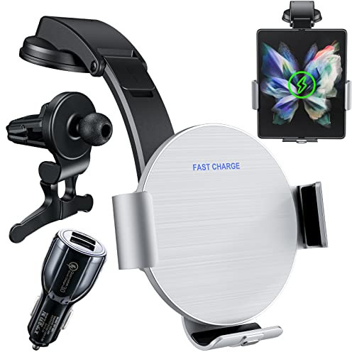Olycism 15W Qi Dual Coils Schnelles Kabelloses Autoladegerät für Galaxy Z Fold 5/4/3 Intelligente Auto Handyhalterung Mit Ladefunktion Kompatibel mit Galaxy Z Fold 2 Series/S22 Ultra/S21 Huawei