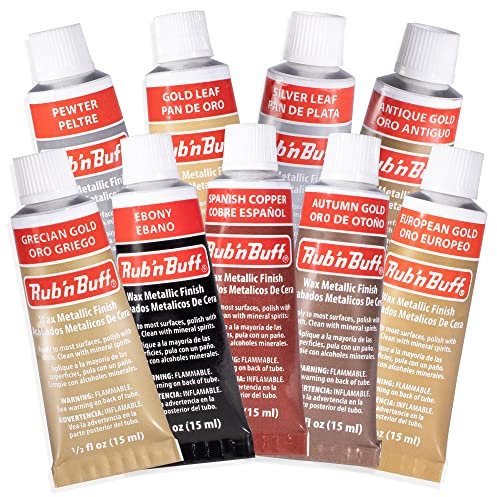 AMACO Rub n Buff Wachs Metallic-Finish, 9 Farben, Antikgold, europäisches Gold, griechisches Gold, Herbst, Blattgold, Spanisches Kupfer, Silberblatt, Ebenholz, Zinn – 9 Reiben und Polieren