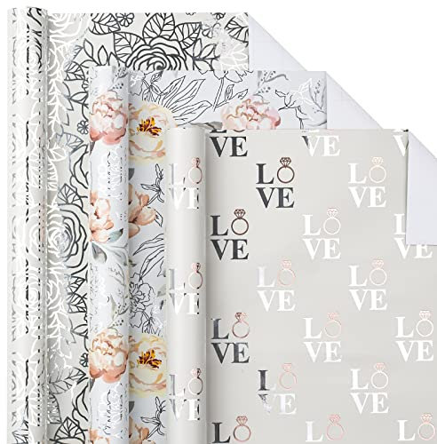 LeZakaa Silberne Geschenkpapierrolle – Mini-Rolle – Blume & Love und Ring mit Metallfolie Design für Hochzeit, Verlobung, Brautdusche – 43,2 x 304,8 cm, 3 Rollen (42,5 m²)