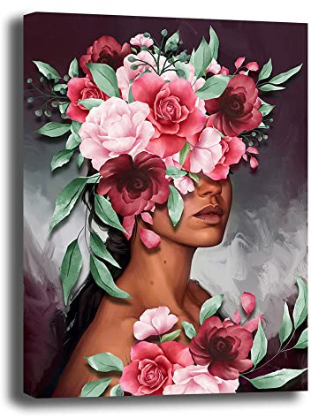 Printerland Quadro Moderno VERTICALE Donna con Fiori Rose Quadri moderni soggiorno da Parete XXL grande Stampa su tela Canvas Decorazione Murale muro Arredo Camera da letto Cucina (50x70 cm, 5)
