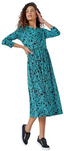 Roman Originals Midi Dress with Pockets for Women UK Ladies Stretchy Jersey Maxi Long 3/4 Length Sleeve Gathered High Waist Boho Flattering Skater Swing Fit Flare - Teal - Size 12