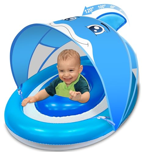 Baby Pool Float with Canopy UPF50+ for Age 6-36 Months 4 Stage Adjustable Canopy and Anti-Tip Safety Seat Dual Air Chambers Inflatable Toddler Floaties Infant Pool Float, Baby Beach Essentials