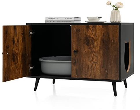 COSTWAY Katzenschrank Katzentoilette, Katzenhaus mit Doppeltüren & Eingang, Katzenhöhle Katzenklo Schrank, Katzenmöbel Beistelltisch, für Katzen Hunde Haustier, Braun+Schwarz