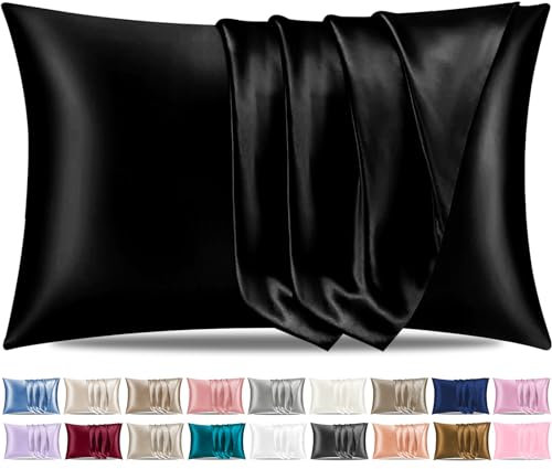 Pamposh Satin Silk Pillowcases For Hair And Skin 2 Pack Standard Size with Envelope Closure (2 Pcs Pillowcases (50 x 75 cm), Black)