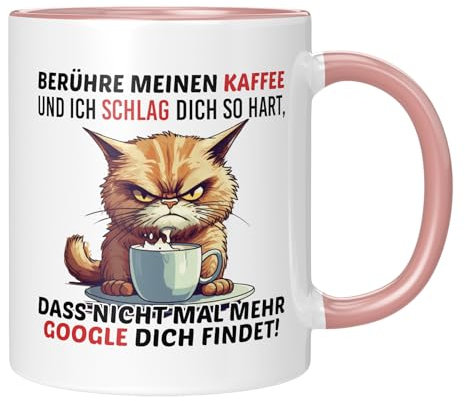 TassenTicker TASSENTICKER - Berühre meinen Kaffee und ich schlag dich so hart - Becher für die Arbeit - Büro - Job - Arbeitskollegen - Geschenk - launisch - Katze - Rosa