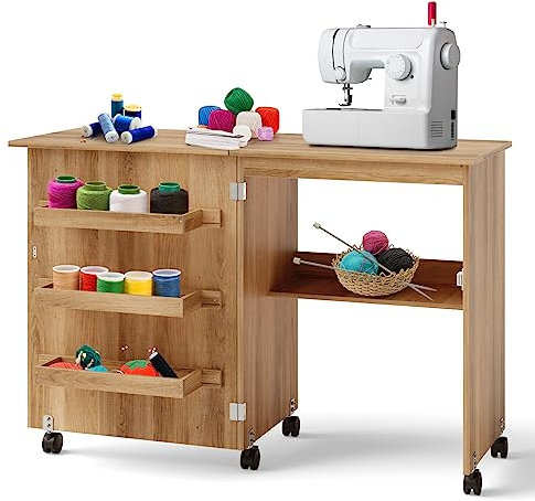 Multigot Folding Sewing Table, 2-in-1 Mobile Craft Table with Open Shelves and Rolling Casters, Sewing Machine Cabinet Computer Desk for Home Office (Natural)