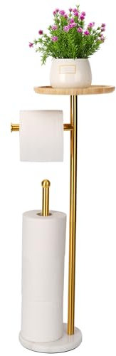 Porte-Papier Toilette sur Pied doré avec Grand Plateau de 20,1 cm, Base en marbre Plus Lourde de 1 kg, Support de Papier sur Pied avec étagère pour téléphone, Peut contenir 5 Rouleaux de Papier