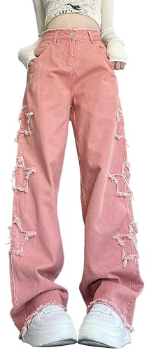 Kisswow Damen Jeans Y2k Jeans Star Jeans Hohe Taille Cargo Hose Frauen Stern Hosen Niedliche Jeans für Frauen, Pentagramm 16 Rosa, M