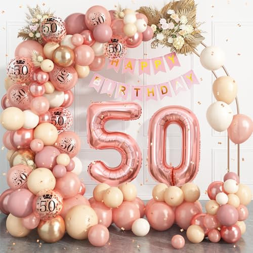 Rose Gold 50th Birthday Decorations for Women - Balloon Arch Garland Kit With Number 50 Foil Balloons, Happy Birthday Banner for Party Decoration