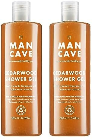 ManCave Cedarwood Shower Gel 500ml for Men, Fresh & Wood Aroma, Natural Formulation, Sulphate and Paraben Free, Vegan Friendly, Tube made from Recycled Plastics, Made in England (Pack of 2)
