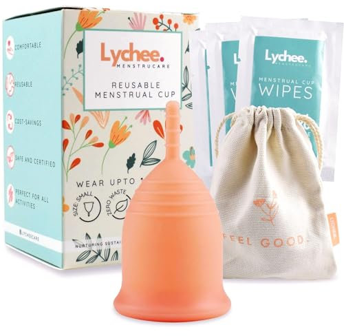 Lychee Menstrucare Wiederverwendbare Menstruationstasse (klein) | Periodenbecher, weibliche Hygiene | Inklusive spülbaren Tüchern & Aufbewahrungstasche | Tampon und Pad Alternative | (Sunset Peach)