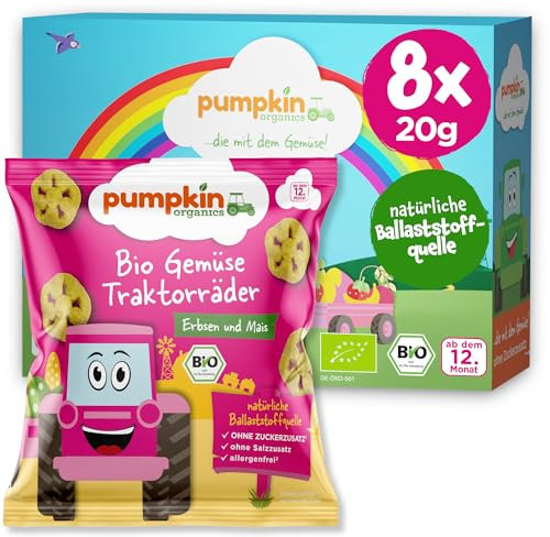 Pumpkin Organics Kindersnack Bio Traktorräder Erbsen und Mais (8er Pack) Baby- und Kindersnacks ohne Zusatzstoffe ab dem 12. Monat - allergenfreie² und glutenfreie² Knuspersnacks für Kinder (8x20g)