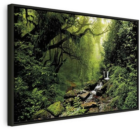 B&D XXL Bilder mit Rahmen 120x80 cm Wandbilder groß Leinwandbild XXL schwarzer Holzrahmen modern Wanddekoration Kunstdruck Wanddeko Wohnzimmer Schlafzimmer Wald Natur Landschaft Bäume Wasserfall