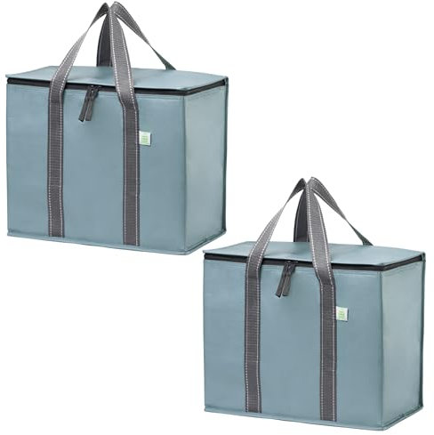VENO 2 Pack Large Insulated Reusable Grocery Bag w/Hard Bottom, Food Delivery, Heavy Duty, Stands Upright, Dual Tab Zipper, Collapsible, Water-Resistant, Sustainable (Light Blue, 2 Pack)